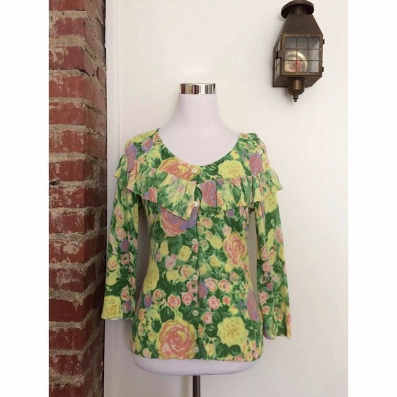 Anthropologie Yellow Bird Colored Pencil Cardigan‎ Sweater Ruffle Floral Size S - Picture 1 of 9